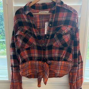 NWT we the free cropped plaid tie front shirt